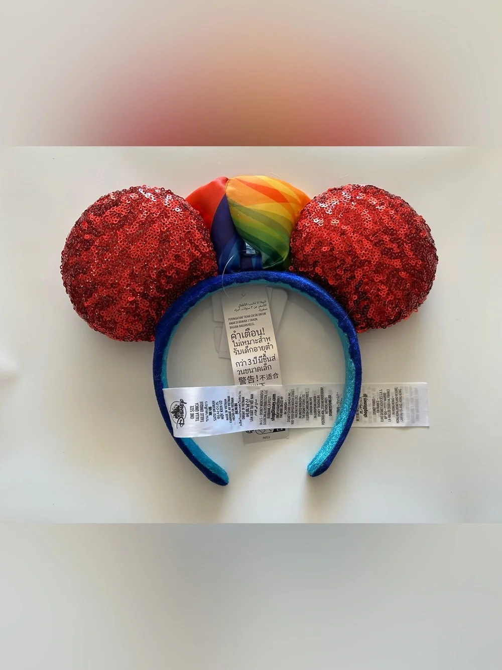Disney EPCOT 40 Red Sequin Minnie Ears Headband with Rainbow Bow